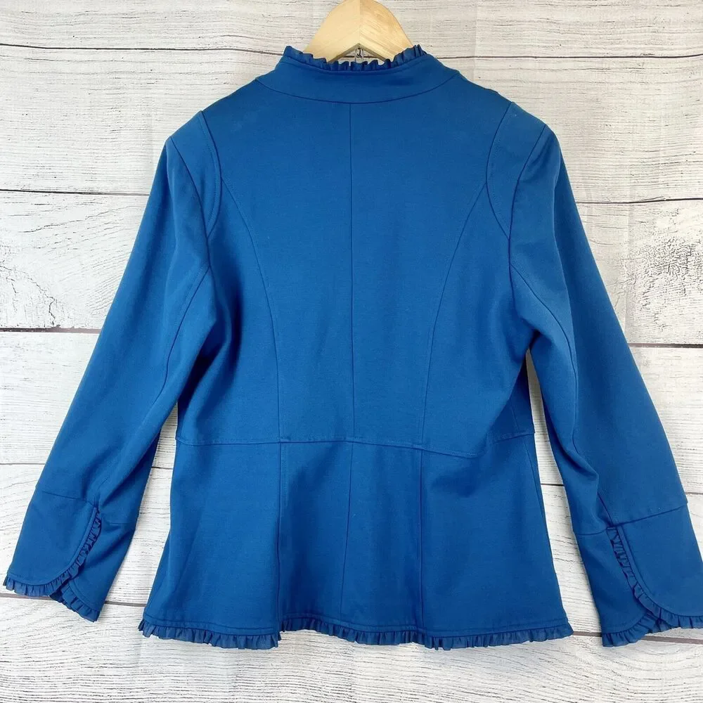 Chico's Teal Blue Blazer Jacket Ruffle Trim Lined Size 1 US M/8